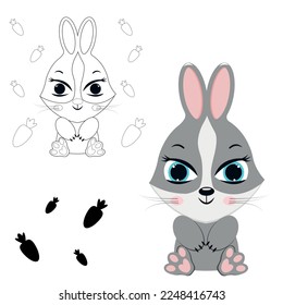 Happy gray hare.Coloring book. Cartoon vector illustration.