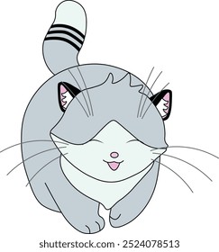 happy gray kitten with striped tail closes eyes laughs, easy to edit, stock vector