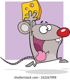 Happy Gray Mouse Cartoon Mascot Character Running With Cheese. Vector Illustration Isolated on white