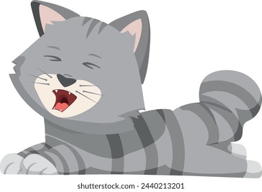 Happy gray striped cat laying. Cartoon pet