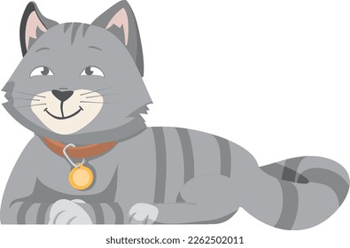 Happy gray striped cat. Smiling cartoon character