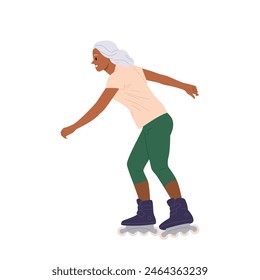 Happy gray-haired lady isolated cartoon character riding rollers enjoying sport fun activity outside