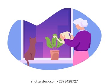 Happy gray-haired woman standing at the window watering plants, vector illustration isolated on white. Elderly smiling lady with cat, back view. Female character in cartoon style, scene from life.