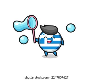 happy greece flag cartoon playing soap bubble , cute style design for t shirt, sticker, logo element