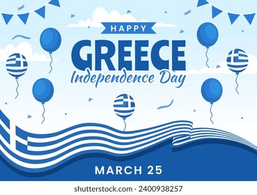 Happy Greece Independence Day Vector Illustration on March 25th with Greek Flag and Ribbon in National Holiday Flat Cartoon Background Design