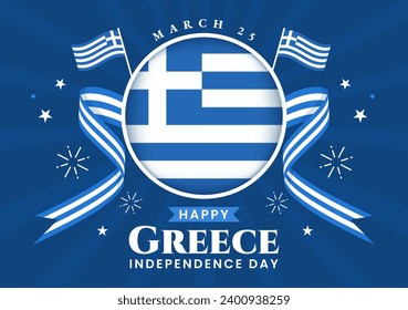 Happy Greece Independence Day Vector Illustration on March 25th with Greek Flag and Ribbon in National Holiday Flat Cartoon Background Design