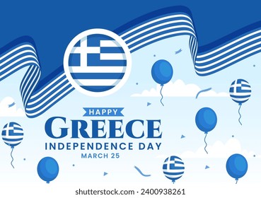 Happy Greece Independence Day Vector Illustration on March 25th with Greek Flag and Ribbon in National Holiday Flat Cartoon Background Design