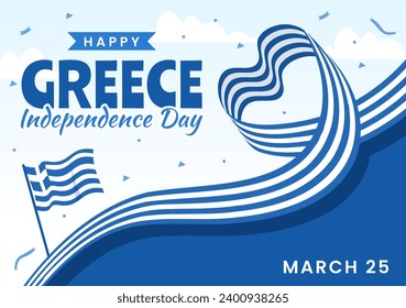 Happy Greece Independence Day Vector Illustration on March 25th with Greek Flag and Ribbon in National Holiday Flat Cartoon Background Design