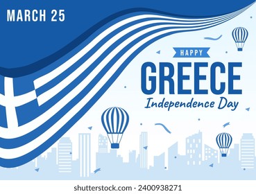 Feliz 25 de marzo, ilusión vectorial del Día de la Independencia de Grecia con bandera griega y cinta de opciones en diseño de fondo de caricatura de festividad plana