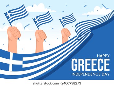 Happy Greece Independence Day Vector Illustration on March 25th with Greek Flag and Ribbon in National Holiday Flat Cartoon Background Design