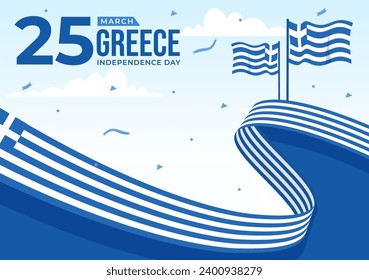 Happy Greece Independence Day Vector Illustration on March 25th with Greek Flag and Ribbon in National Holiday Flat Cartoon Background Design