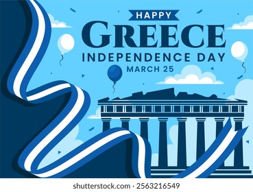 Happy Greece Independence Day Vector Illustration on March 25th, featuring the Greek Flag and Ribbon in a National Holiday Flat Style Background