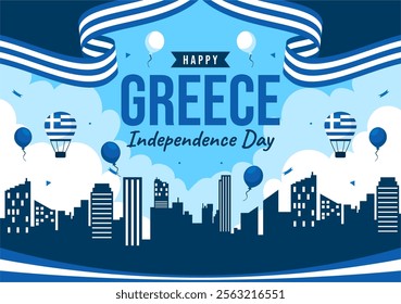 Happy Greece Independence Day Vector Illustration on March 25th, featuring the Greek Flag and Ribbon in a National Holiday Flat Style Background