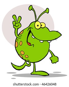 Happy Green Alien Smiling And Gesturing The Peace Sign