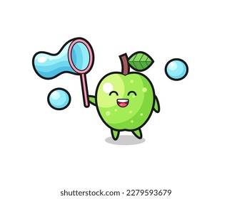 happy green apple cartoon playing soap bubble , cute style design for t shirt, sticker, logo element