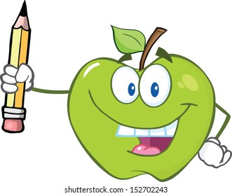 Happy Green Apple Holding Up A Pencil