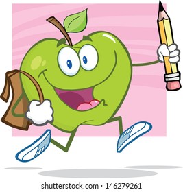Happy Green Apple With School Bag And Pencil Goes To School. Vector Illustration