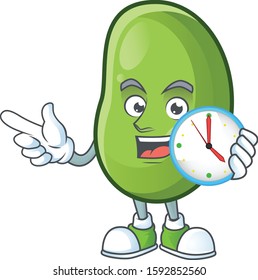Happy green beans cartoon mascot style with clock