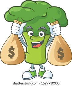 Happy green broccoli cartoon character with two money bags