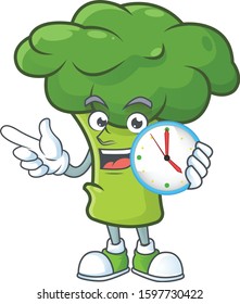 Happy green broccoli cartoon mascot style with clock