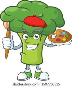 Happy green broccoli painter cartoon icon with brush