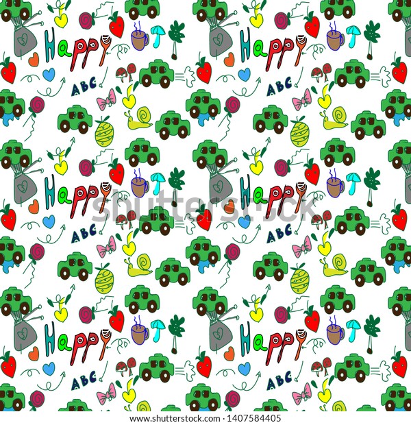 Happy green cars pattern on white\
background wallpaper design.Vector\
illustration.