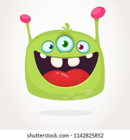 Happy green cartoon alien with three eyes. Smiling monster emotion showing his tongue. Halloween vector illustration