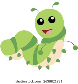 Happy green cartoon caterpillar with cute smile and dotted feet, perfect for children’s illustrations, learning activities, or nature-themed materials.

