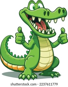 Happy green cartoon crocodile or alligator showing something Vector clip art isolated on white background illustration