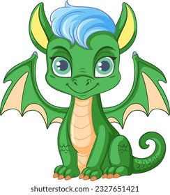 Happy green cartoon dragon smiling illustration