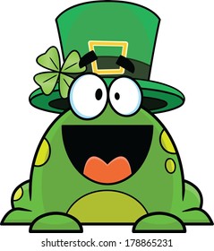 Happy green cartoon frog wearing a hat for St. Patrick's Day. 