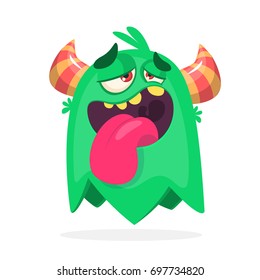 Happy green cartoon horned monster. Tired monster emotion showing his tongue. Halloween vector illustration. Monster logo or emblem