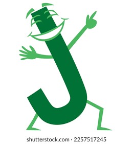 A happy green cartoon letter j is making it's way along