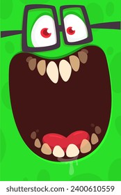 Happy green cartoon monster face.  Illustration of cute and happy monster expression.
 Halloween design. Great for party decoration