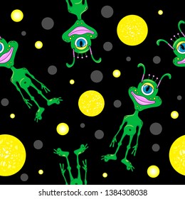 Happy green cartoon monster. seamless background pattern of happy, floating, cartoon, vector aliens monsters. 