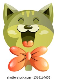 Happy green cat with orange bow-tie vector illustration on white background