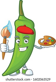 Happy green chili painter cartoon icon with brush