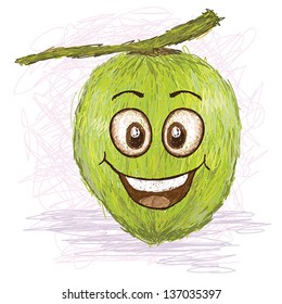 happy green coconut fruit cartoon character smiling.