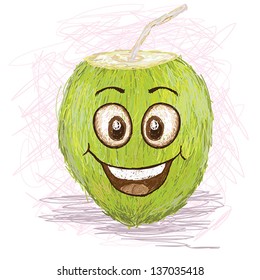 happy green coconut fruit juice cartoon character smiling.