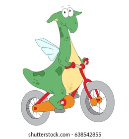 A happy green dragon riding a bicycle. Vector flat design illustration