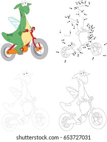 A happy green dragon riding a bicycle. Dot to dot educational game for kids