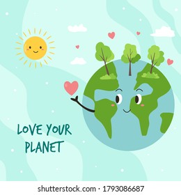 Happy green Earth planet and text Love your planet. Vector illustration