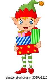 Happy green elf boy costume holding birthday gifts