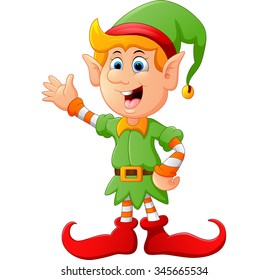 Happy green elf waving
