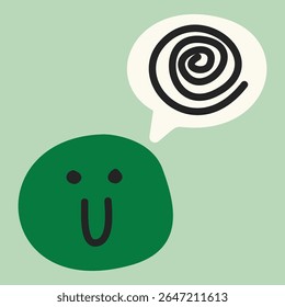 Happy green face with spiral speech bubble symbolizing active mind, balance, or emotional resilience. Ideal for wellness, therapy visuals, and mental health concepts.