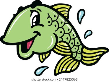 HAPPY GREEN FISH JUMPING ON ISOLATED WHITE BACKGROUND