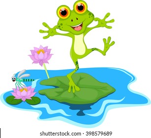 happy Green frog cartoon  on a leaf
