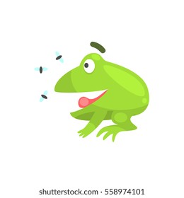 Happy Green Frog Funny Character Looking At Insects Childish Cartoon Illustration