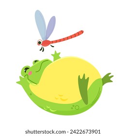 Happy green frog playing with cute dragonfly. Kawaii character in cartoon style. Illustration isolated