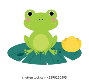 Happy Green Frog with Protruding Eyes Sitting on Pad Vector Illustration